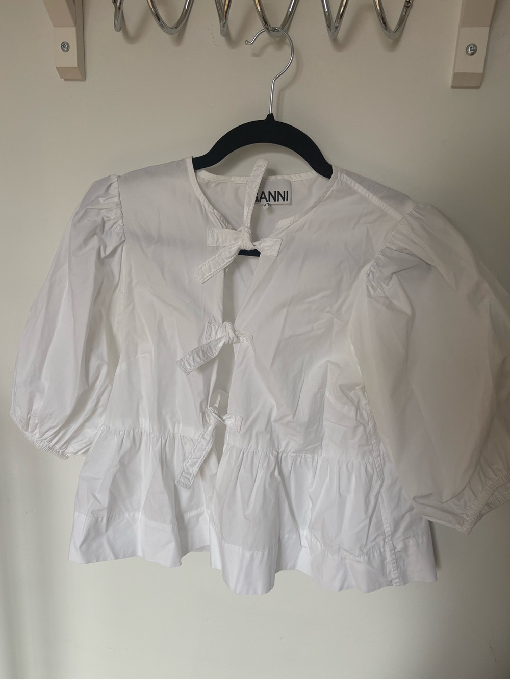 Ganni White Poplin Puff-Sleeve Tie-Front Blouse XS
